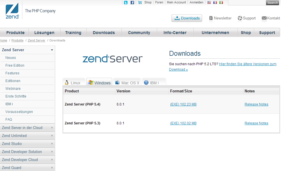 Die Downloadseite des Zend Servers